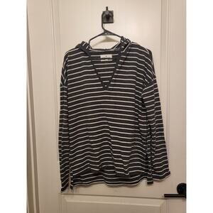 American Eagle Women's M Striped Charcoal /White Hooded V-Neck Long Sleeve Shirt